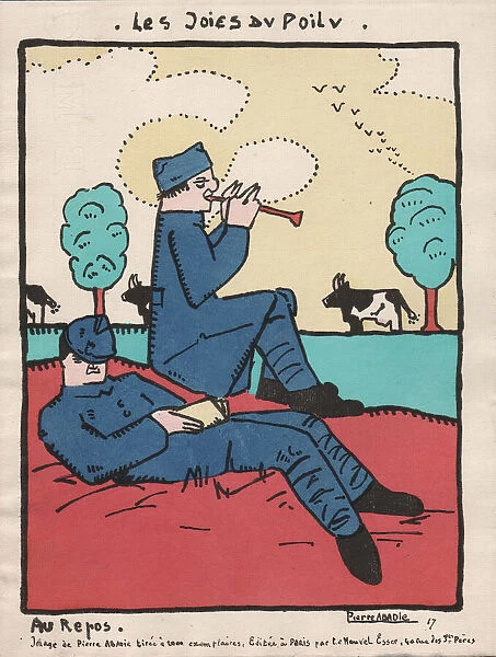 Cartoon, French soldiers relaxing on leave, WW1