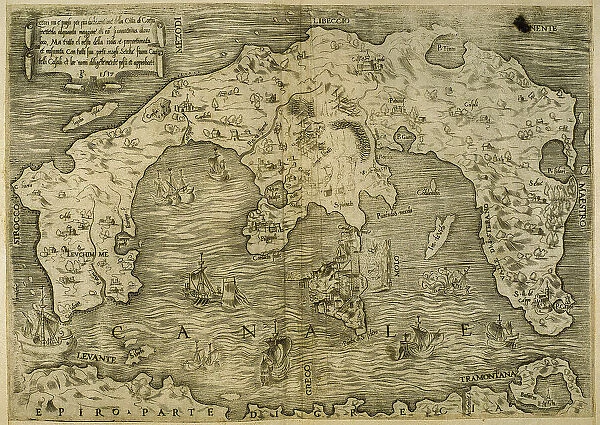 Map of Greek island of Corfu. Ionian Sea. Italian map. 1537