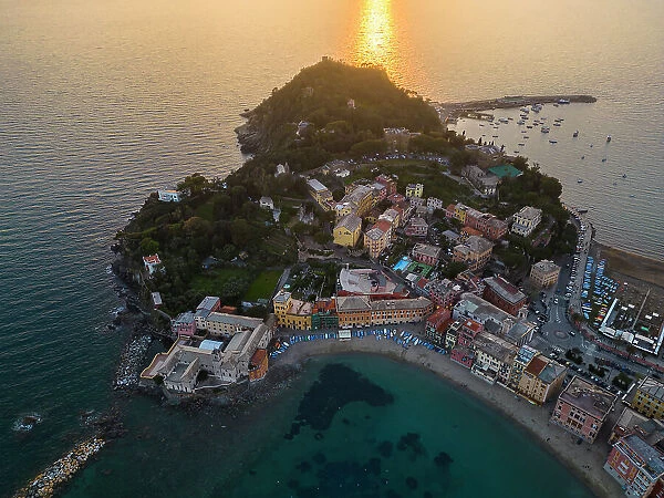 Aerial view of Sestri Levante and its Baia del Silenzio at sunset, Genova, Liguria, Italy, Europe