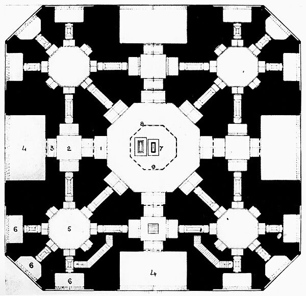 Floor plan of the Taj Mahal, the marble mauseleum at Agra, India, built (1631-1645) by the Mogul Emperor Shah Jahan in memory of his favorite wife, Mumtaz Mahal