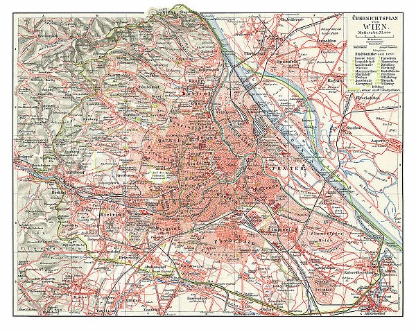 Old chromolithograph map of Vienna, national capital, largest city, and one of nine states of Austria