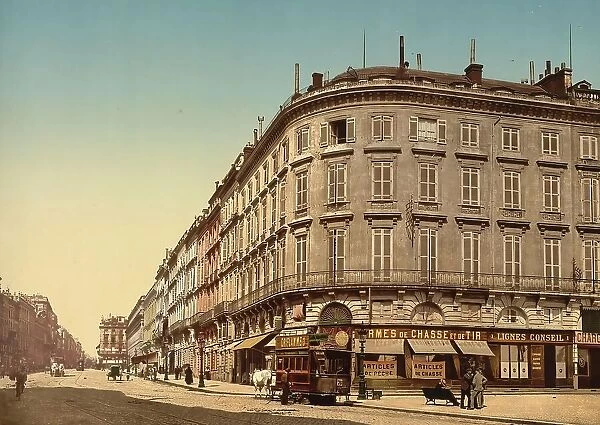 Rue Chapeau Rouge, from Place Richelieu, Bordeaux, Nouvelle-Aquitaine, France, c. 1890, Historic, digitally enhanced reproduction of a photochrome print from 1895