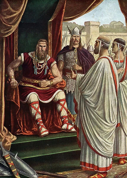 Barbarian invasions, bag of Rome: ' The king of the Visigoths Alaric I (370-410) receives the representatives of the city of Rome who came to bargain at the time of the capture of the city in 410 AD' (Barbarian invasion, Sack of Rome)
