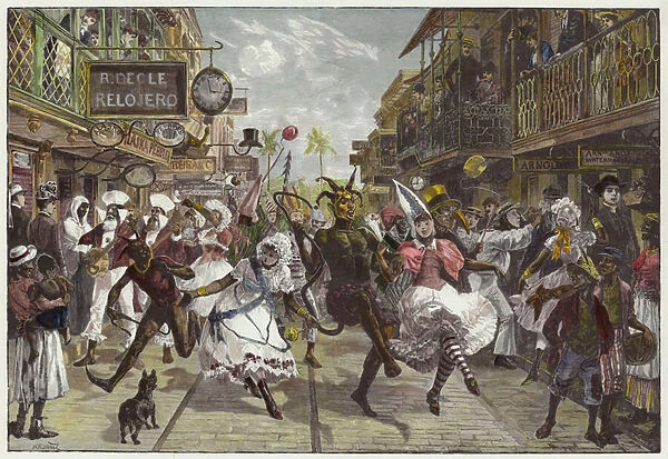 Carnival in Port of Spain, Trinidad (coloured engraving)