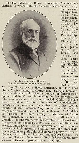 The Honourable Mackenzie Bowell, New Premier of the Dominion of Canada (b  /  w photo)