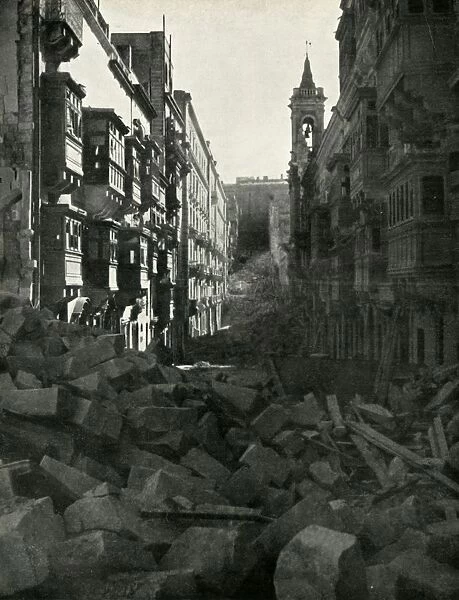 Bomb damage on a Maltese street, World War II, 1942 (1944). Creator: Unknown
