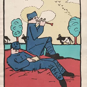 Cartoon, French soldiers relaxing on leave, WW1