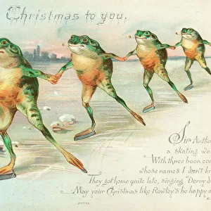 Four frogs ice skating on a Christmas card