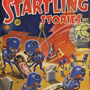 Startling Stories Scifi Magazine Cover, Aliens grave robbing