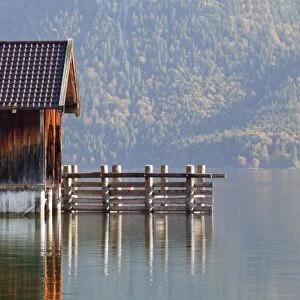 Boat house at Walchensee Lake in autumn, Bavarian Alps, Upper Bavaria, Bavaria, Germany