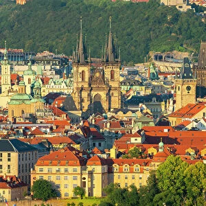 Prague skyline with Church of Our Lady Before Tyn, Old Town Hall Tower, Powder Tower and other spires, Old Town, UNESCO World Heritage Site, Prague, Bohemia, Czech Republic (Czechia), Europe