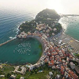 aerial view taken by drone of Silenzio bay, during a warm summer sunset, municipality of Sestri Levante, Genova province, Liguria district, Italy