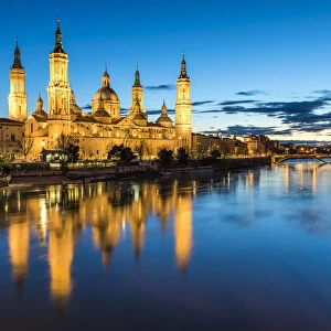 Cathedral of Our Lady of the Pillar at dusk. Zaragoza, Aragon, Spain