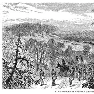 CIVIL WAR: VICKSBURG, 1863. Union Army troops marching through unknown forest in Mississippi