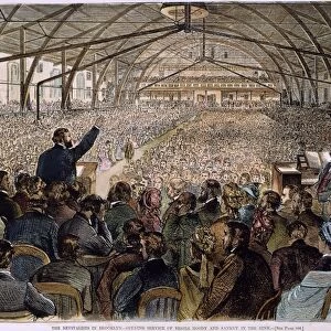 DWIGHT L. MOODY (1837-1899). Dwight L. Moody (left, with raised hand) and Ira D. Sankey (at organ) preaching a revival at the Rink on Clermont Avenue, Brooklyn, New York, on 24 October 1875: wood engraving from a contemporary American newspaper