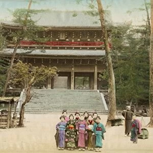 JAPAN: KYOTO, c1900. Children in front of a temple in Kyoto, Japan. Hand-colored photograph