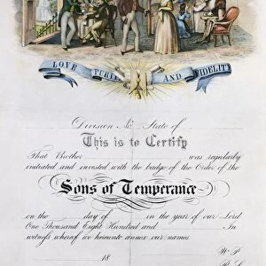 TEMPERANCE CERTIFICATE. Membership certificate of the Sons of Temperance. American lithograph