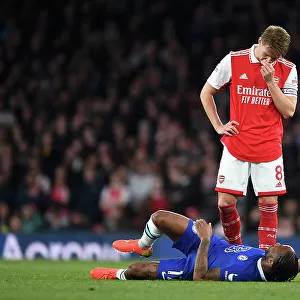 Arsenal's Martin Odegaard and Raheem Sterling Lock Eyes During Intense Arsenal v Chelsea Clash (2022-23)