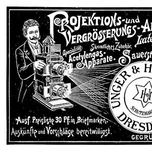 Advertisement of the company Unger und Hoffmann for projection devices and enlargers, lantern pictures and oxygen lamps, 1890, Germany, Historic, digitally restored reproduction of an original from the 19th century, exact original date not known