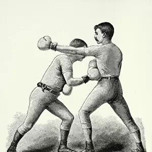 Two boxers, boxing positions, cross counter body blow punch, Victorian combat sports, 19th Century
