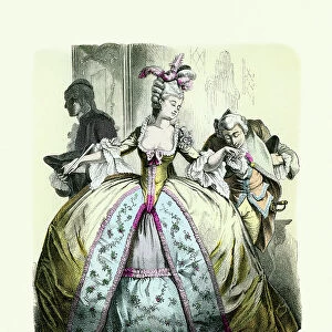 Fashion 18th Century, Noble woman in Pannier, man kissing hand