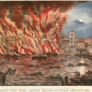 The great fire near London Bridge, Saturday 22 June 1861 (coloured engraving)