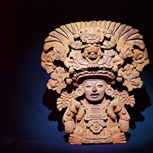 Urn representing a maize god, Monte Alban III style (pottery)