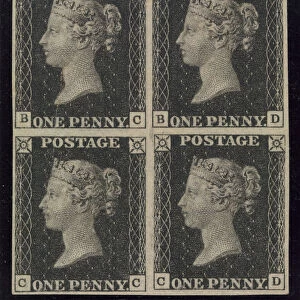 Unused block of four "Penny Black"postage stamps of Queen Victoria, issued