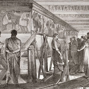 Phidias showing the frieze of the Parthenon to his friends, after the painting by Sir Lawrence Alma-Tadema. Phidias or Pheidias, c. 480 - 430 BC. Greek sculptor, painter, and architect. From Ilustracion Artistica, published 1887